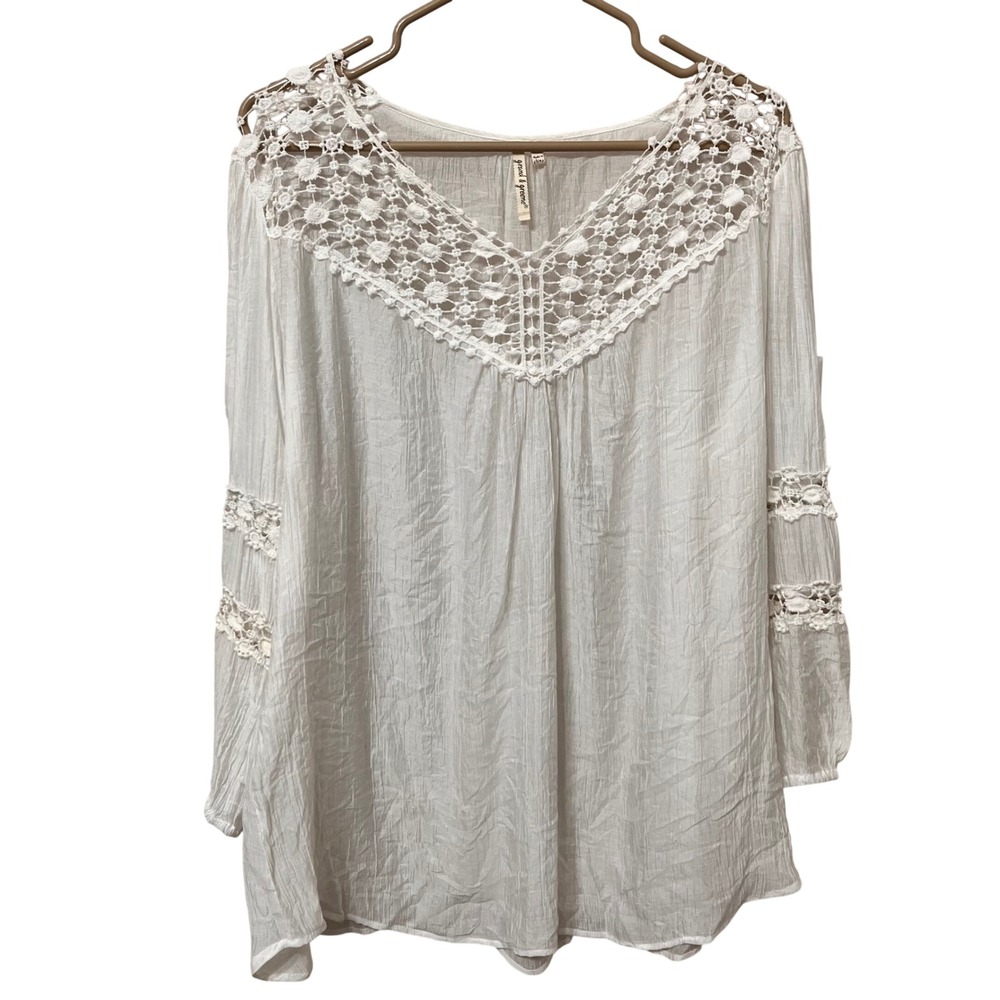 Grand & Greene Womens XL White Crochet Lace Gauze Peasant Blouse Boho Top